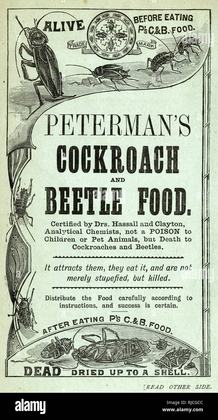 https://c8.alamy.com/comp/RJCGCC/advertisement-for-petermans-cockroach-and-beetle-food-RJCGCC.jpg