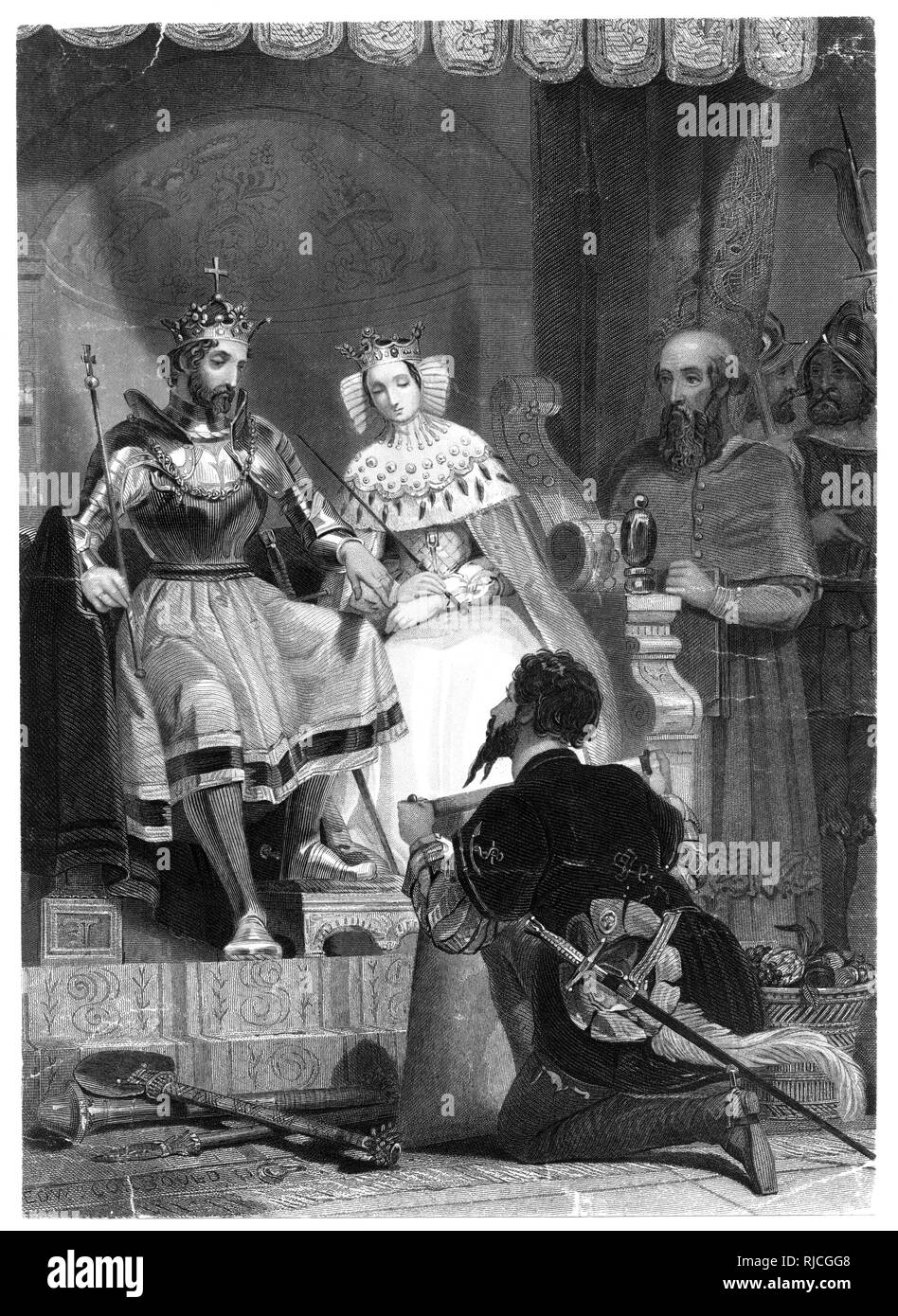 Christopher Columbus explains his plans to Ferdinand and Isabella in the royal court. Columbus kneels holding a scroll, as Ferdinand and Isabella listen from their thrones. Stock Photo