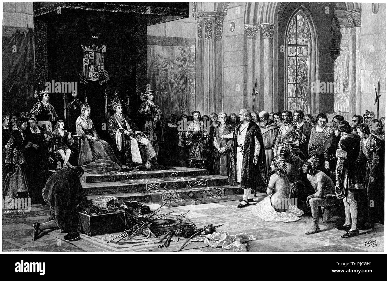 Columbus with Ferdinand and Isabella on his return Stock Photo - Alamy