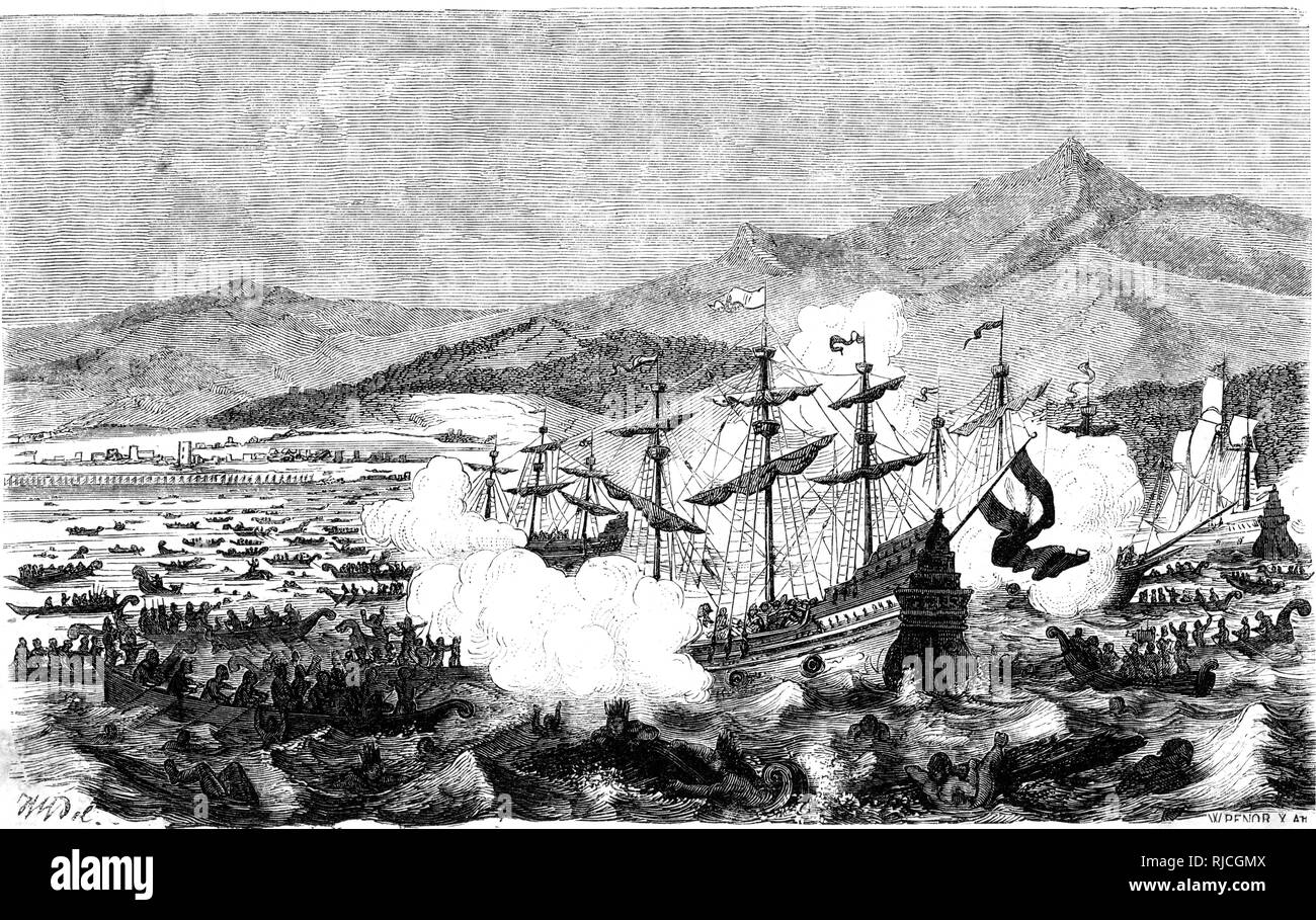 Spanish attack Aztec fleet on Lake Texcoco Stock Photo