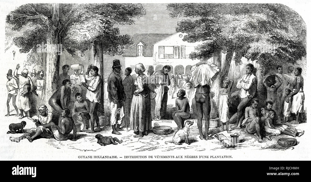 At a plantation in Dutch Guiana, also known as Surinam. The colony of Surinam was known for particularly brutal treatment of the slaves that worked there. Groups of slaves of all ages, are shown in various states of dress, either standing or sitting by some trees, with the plantation house in the background. Slavery was abolished in 1863, but slaves were only released after a 10 year transition period. Stock Photo