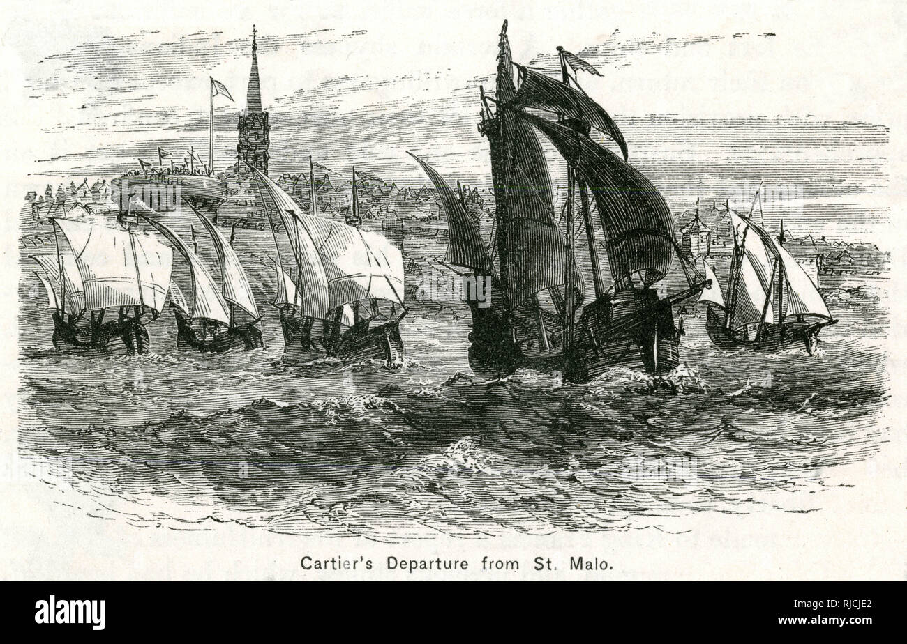 Jacques Cartier departs from St. Malo France, to sail for the Iroquoian capital Stadacona, with two Iroquoian captives he had taken during his previous expedition. Stock Photo