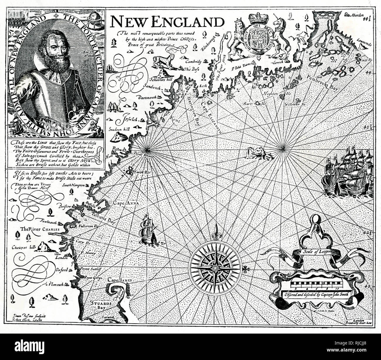 A coastal map of New England, with a portrait of Captain John Smith in the upper left corner. Stock Photo