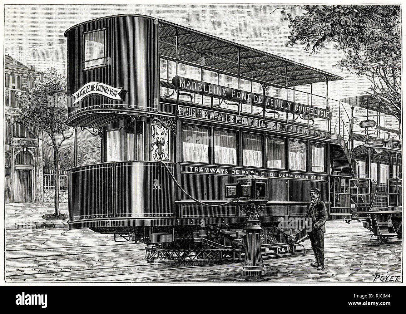 Electric tram being recharged on a Paris street 1897 Stock Photo
