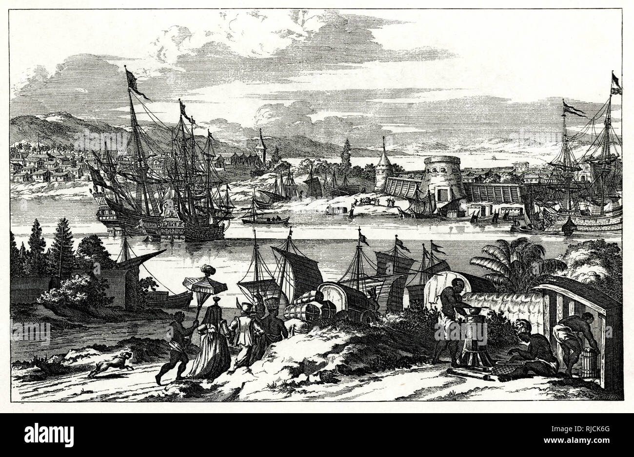The Spanish settlement of what would later be the city of St. Augustine in Florida. A caravan moves down the road towards a harbour in the distance, busy with ships. Three men work in the foreground. Stock Photo