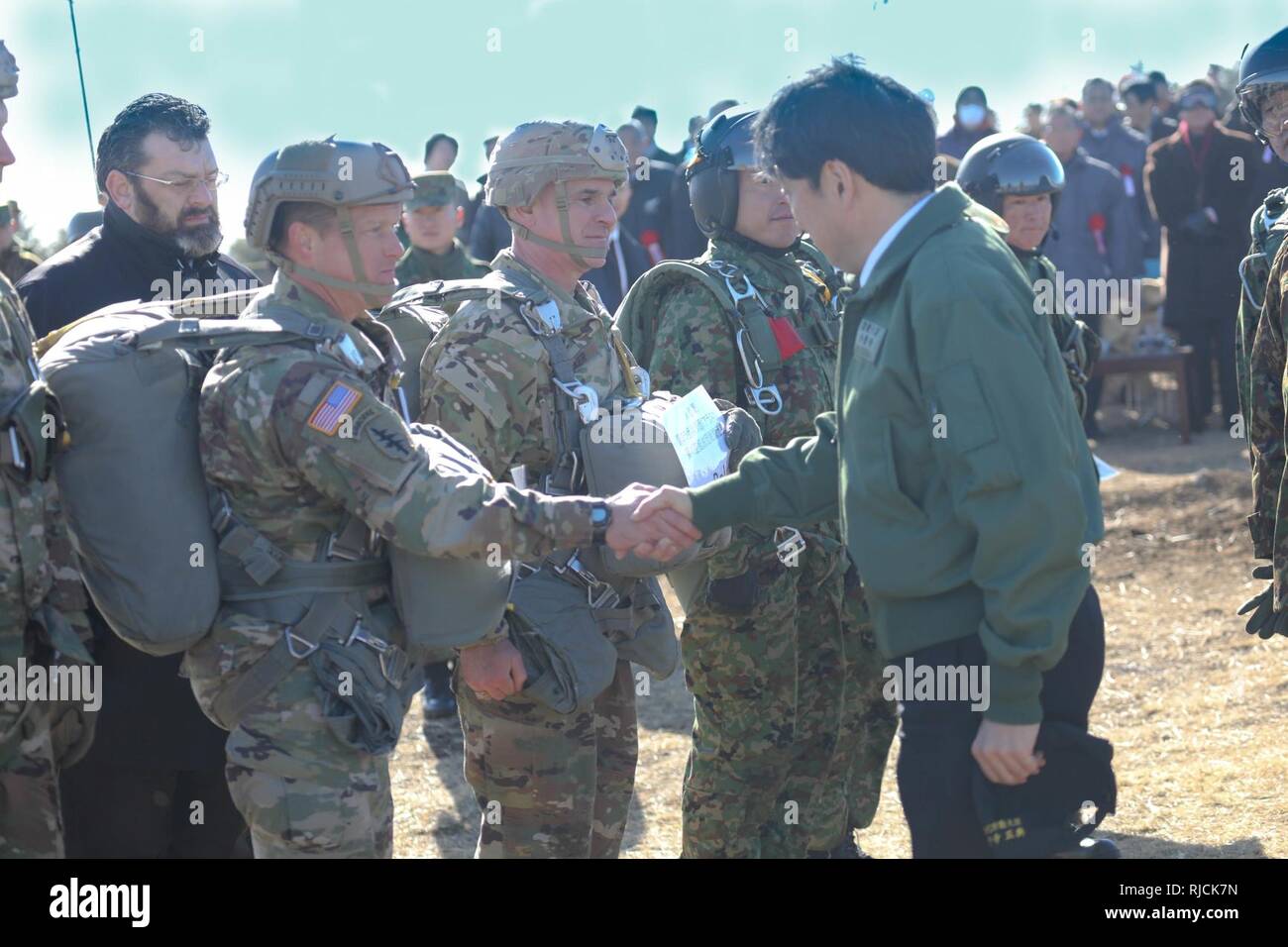 Japanese Minister Of Defense Itsunori Onodera Shake Hands With Lt Col Ryan Armstrong Battalion Commander Of 1st Battalion 1st Special Forces Group Airborne During The Japanese Ground Self Defense Forces Jgsdf Annual