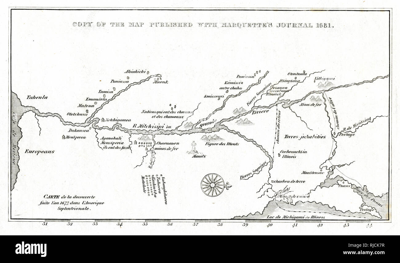A map of Jacques Marquette's missionary journey up the Mississippi river towards New France. A small dotted line marks the route there up through Green Bay to the Mississippi, and a dashed line marks the way back to Lake Michigan, passing the Portage copper mine. Stock Photo