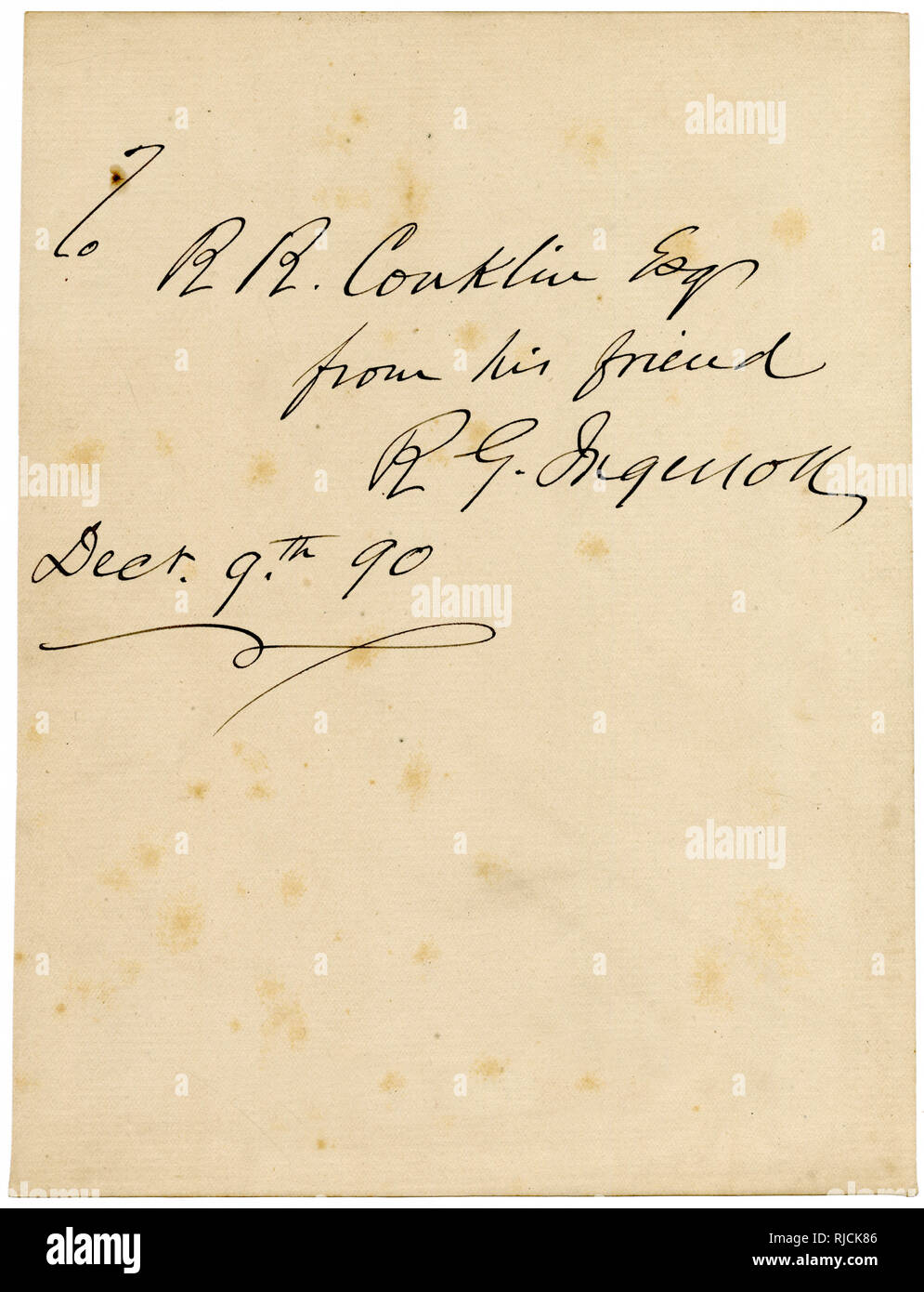 Handwritten note from R G Ingersoll to R R Conklin Stock Photo