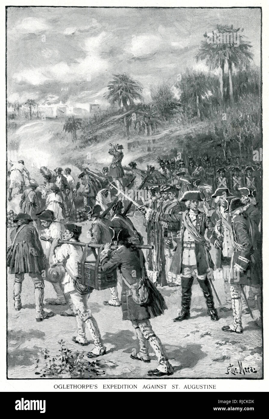 Part of the War of Jenkin's Ear between Great Britain and Spain, James Oglethorpe led a band of English soldiers, militia, and Chickasaw and Creek Nation soldiers. After capturing several Spanish forts, Oglethorpe attacked St. Augustine in a 27 day bombardment with British ships blockading the port. However the Spanish were able to get supplies through the blockade and Oglethorpe was forced to withdraw on land due to hurricane season. Stock Photo