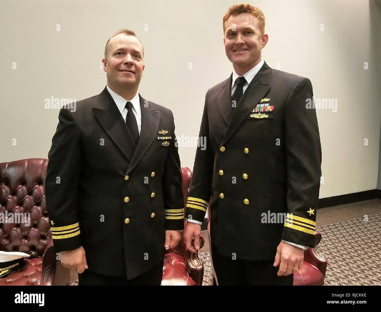 SAN ANGELO, Texas – Lt. Cmdr. Christopher Allen (left) transferred responsibility as the officer in charge of Center for Information Warfare Training (CIWT) Detachment Goodfellow to Lt. Cmdr. Austin Maxwell in a change of charge ceremony. Stock Photo
