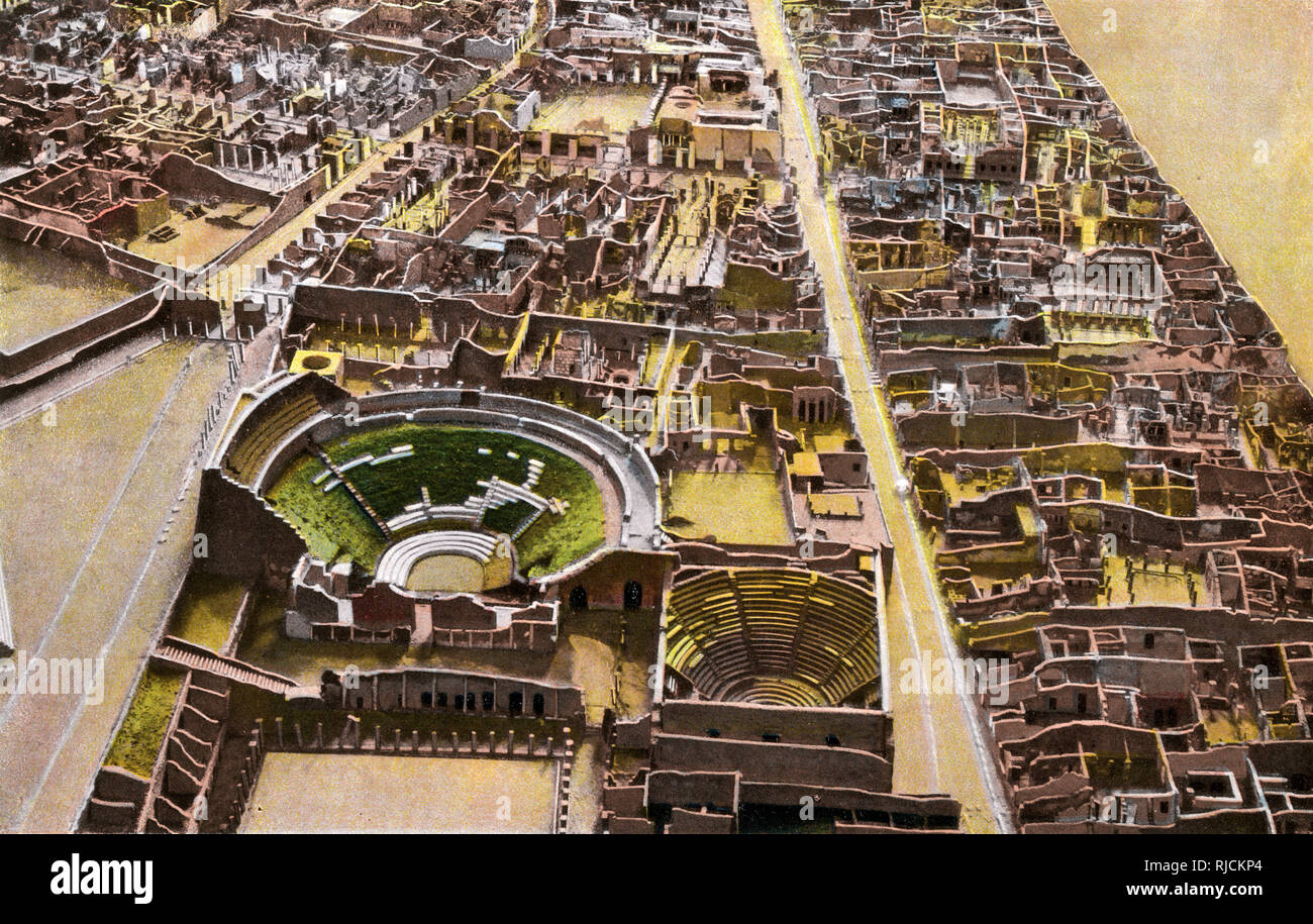 Aerial view of the excavated ruins of Pompeii, Italy Stock Photo