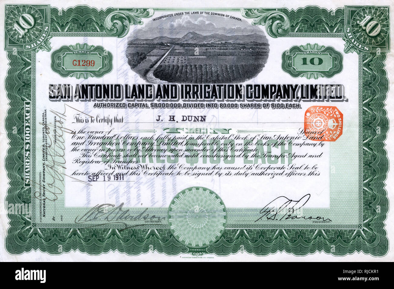 Share certificate, San Antonio Land and Irrigation Company Stock Photo