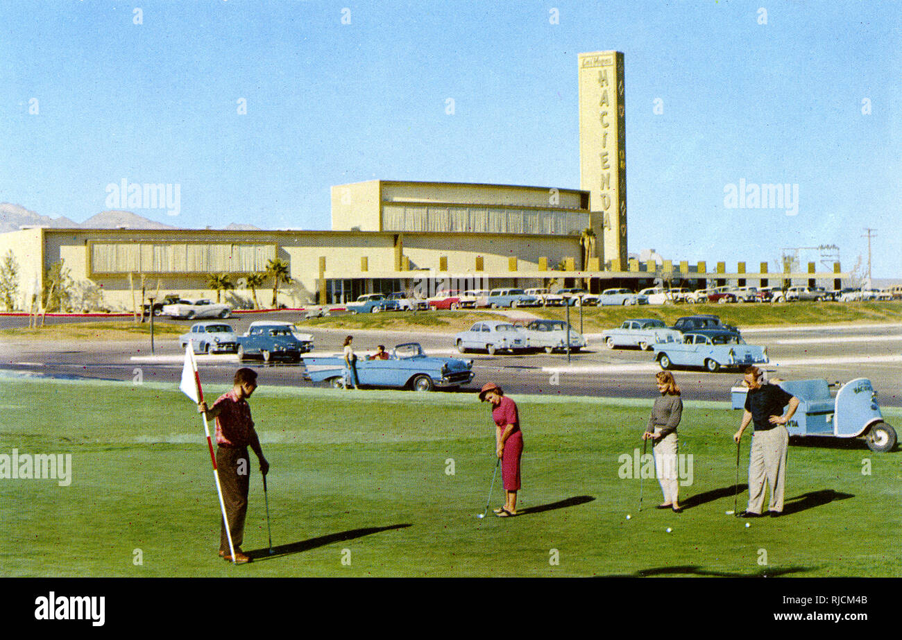 Hacienda Hotel, Las Vegas, Nevada, USA, with people on a golf course in
