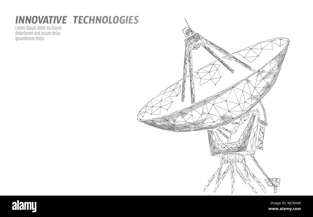 Polygonal radar antenna space defence abstract technology concept. Scanning detect military danger maneuver wireframe mesh 3D warfare. Satellite Stock Vector