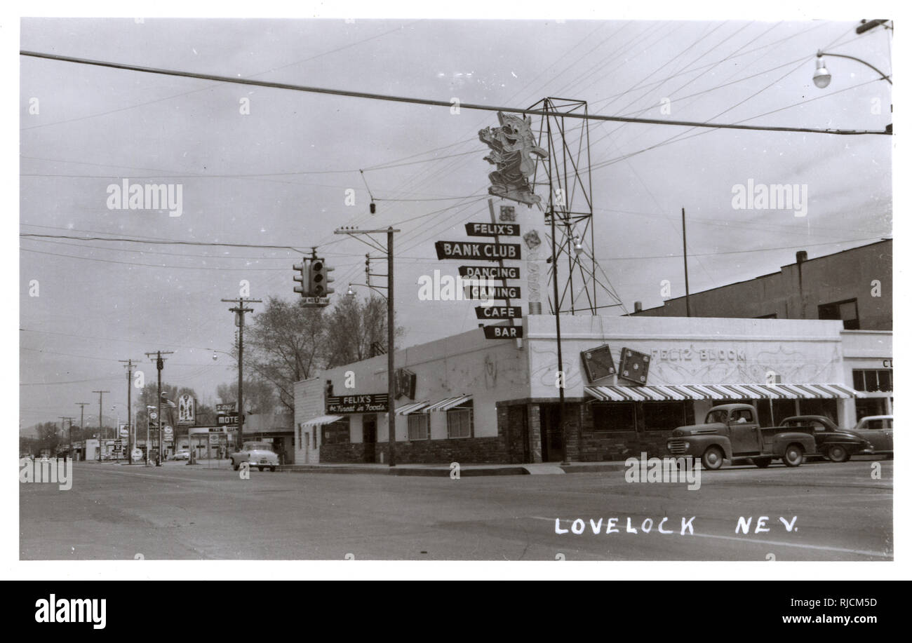 Street in Lovelock, Pershing County, Nevada, USA, with Felix's Bank Club in the foreground Stock