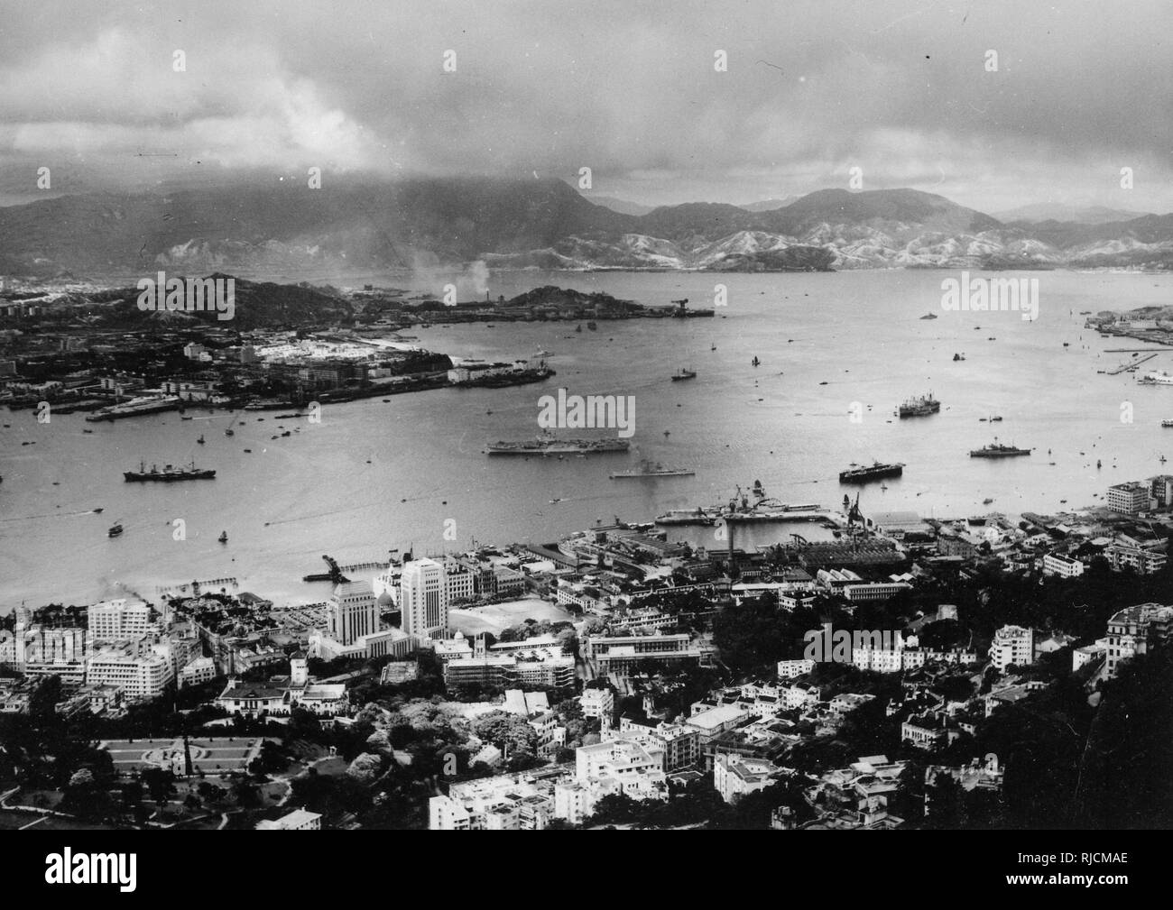 Aerial view of the harbour area, Hong Kong, China Stock Photo