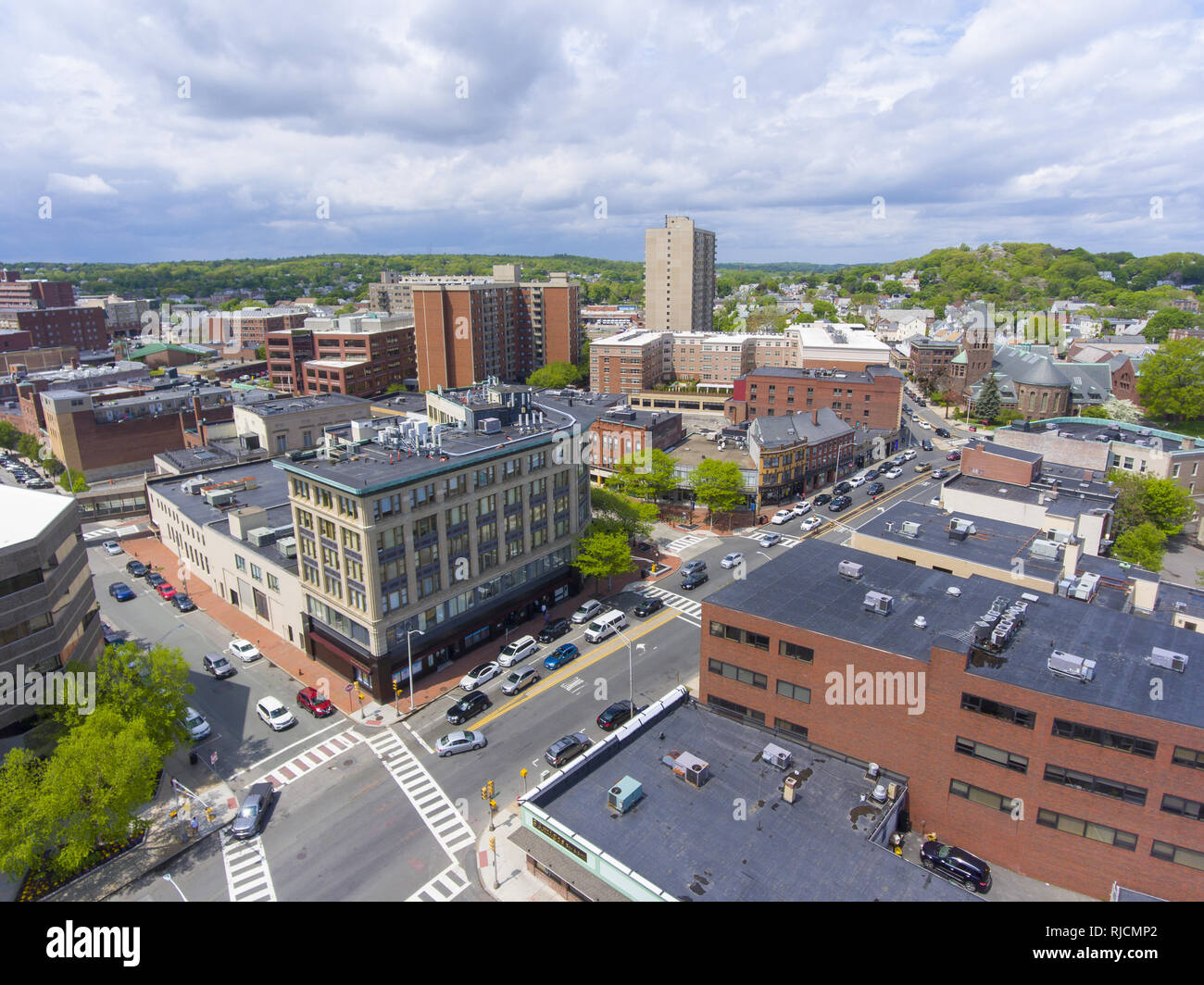 Malden city aerial view on Centre Street in downtown Malden