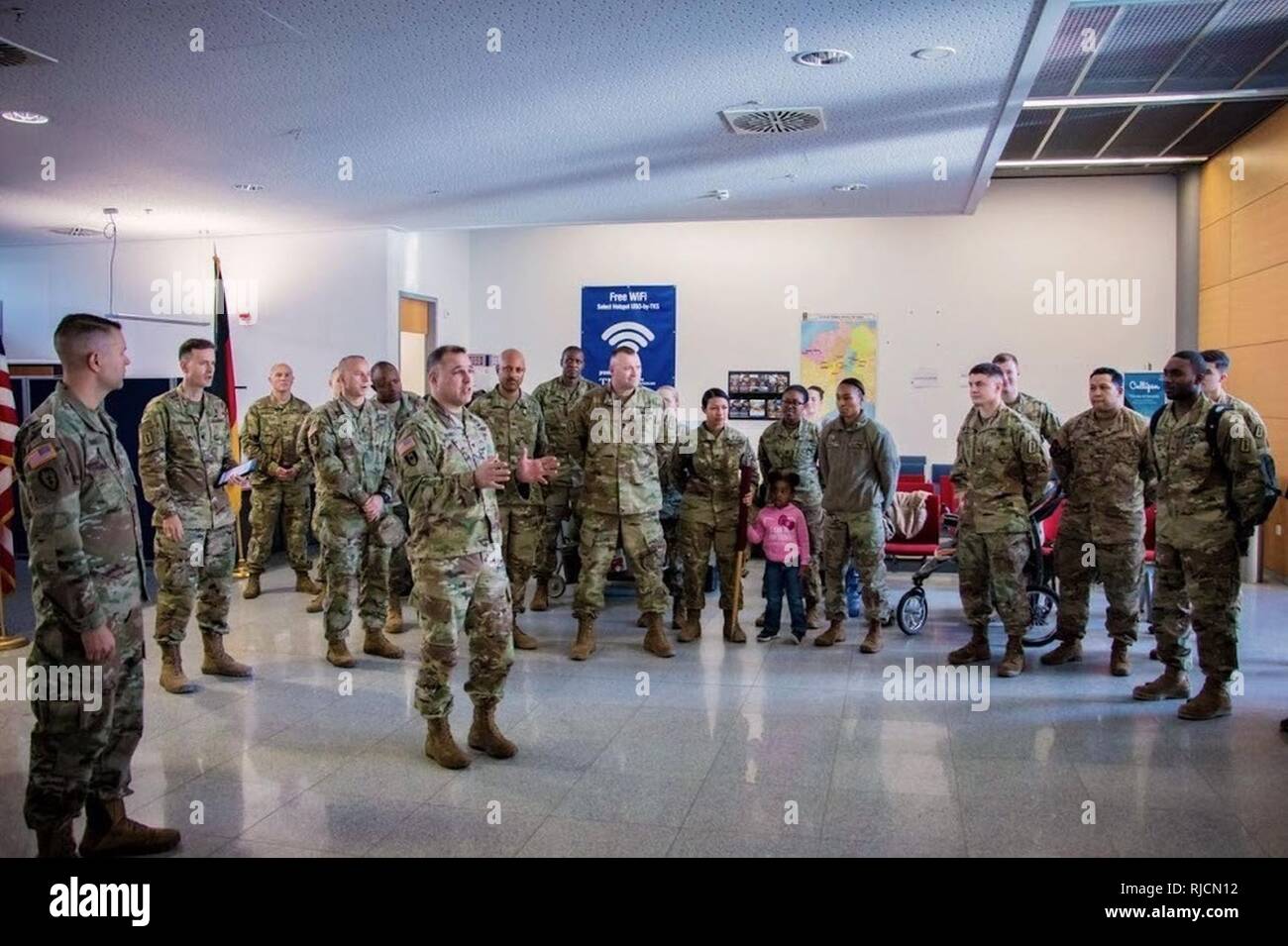 Col. Timothy Bosetti, 30th Medical Brigade commander, welcomes Soldiers of the 254th Medical Detachment back from the unit's 9-month deployment to Central Command area of responsibility, Jan. 11 at Ramstein Air Base in Kaiserslautern, Germany. Stock Photo