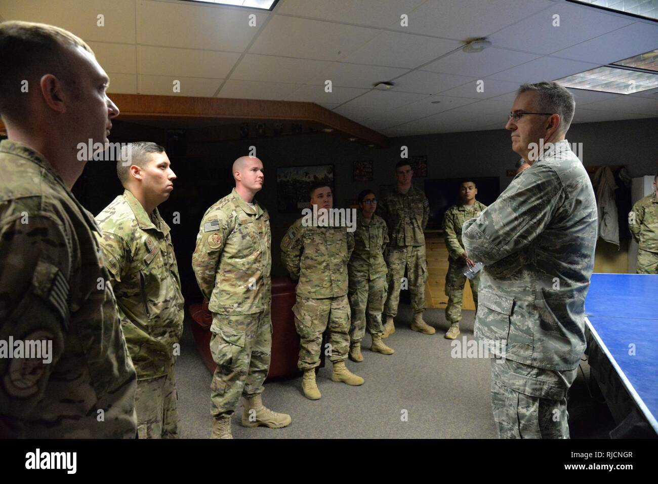 U.S. Air Force Gen. John Hyten, commander of U.S. Strategic Command (USSTRATCOM), speaks with airmen at a missile alert facility near Simms, Mont., Jan. 16, 2018. During his visit, Hyten also met with Malmstrom Air Force Base leaders and airmen to thank them for their support to USSTRATCOM’s deterrence mission. He also toured facilities at the base, including the weapons storage area and the maintenance bay. Stock Photo