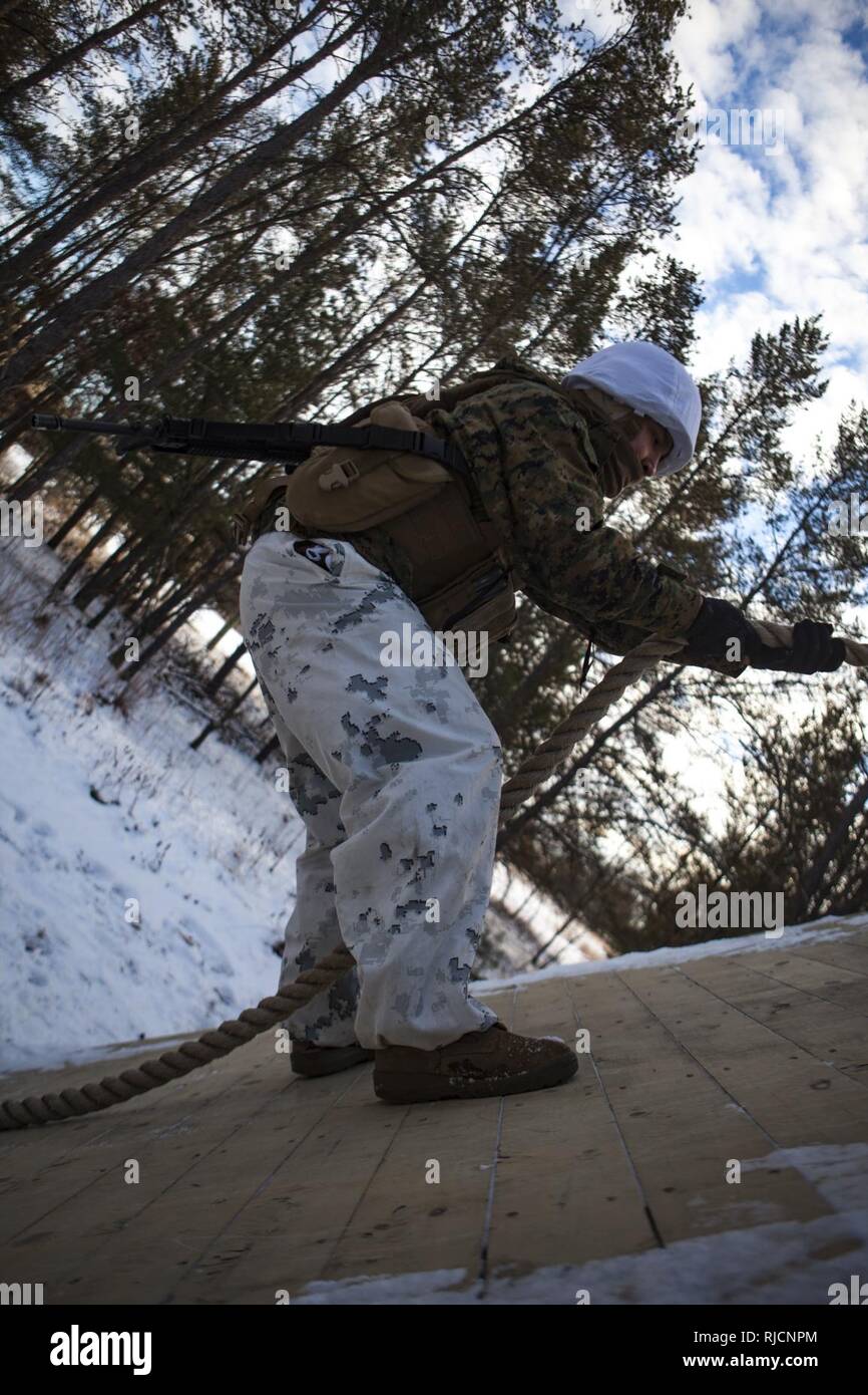 U.S. Marine Lance Cpl. Daniel Dejesus, a Data Systems Administrator assigned to Marine Wing Communications Squadron 48, participates in a team building exercise on the Field Leadership Reaction Course during Ullr Shield on Fort McCoy, Wis., Jan. 18, 2018. Ullr Shield is a training exercise designed to improve 2nd Marine Aircraft Wing's capabilities in extreme cold weather environments. Stock Photo
