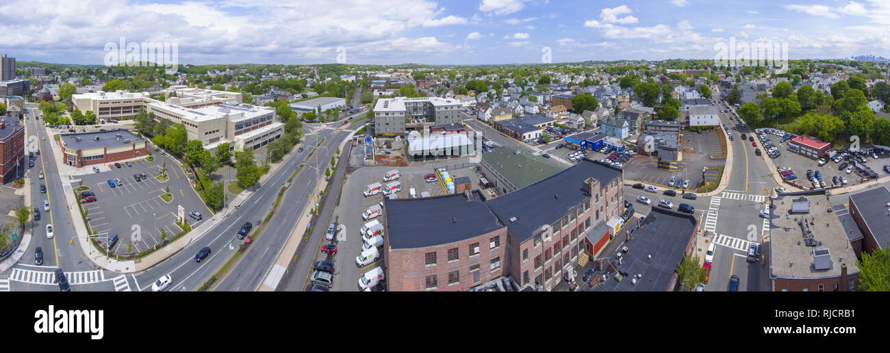 Malden city aerial view panorama on Centre Street in downtown Malden