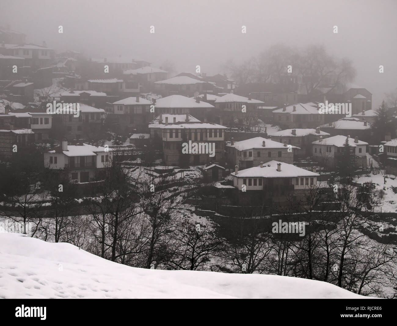 Village covered with snow in Central Macedonia Greece Stock Photo
