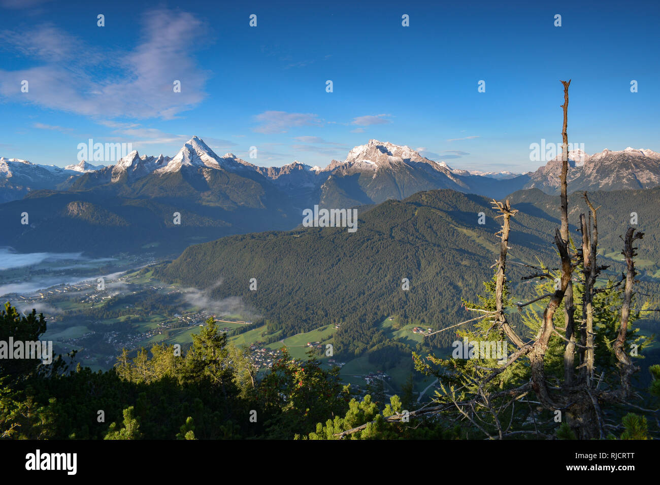 early morning view of Berchtesgaden with mountains Watzmann and Hochkalter, upper Bavaria, Germany Stock Photo