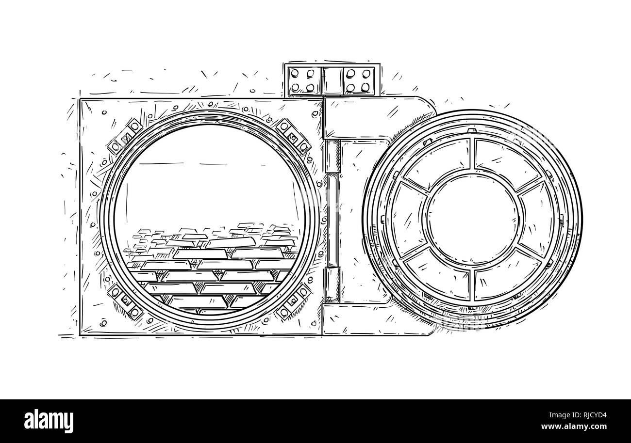 Cartoon Drawing of Open Vault Door With Gold Bars Stock Photo