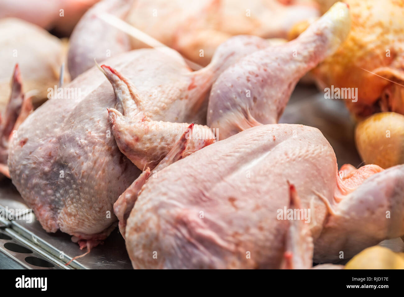 Raw whole chickens in butcher shop grocery store many uncooked skin