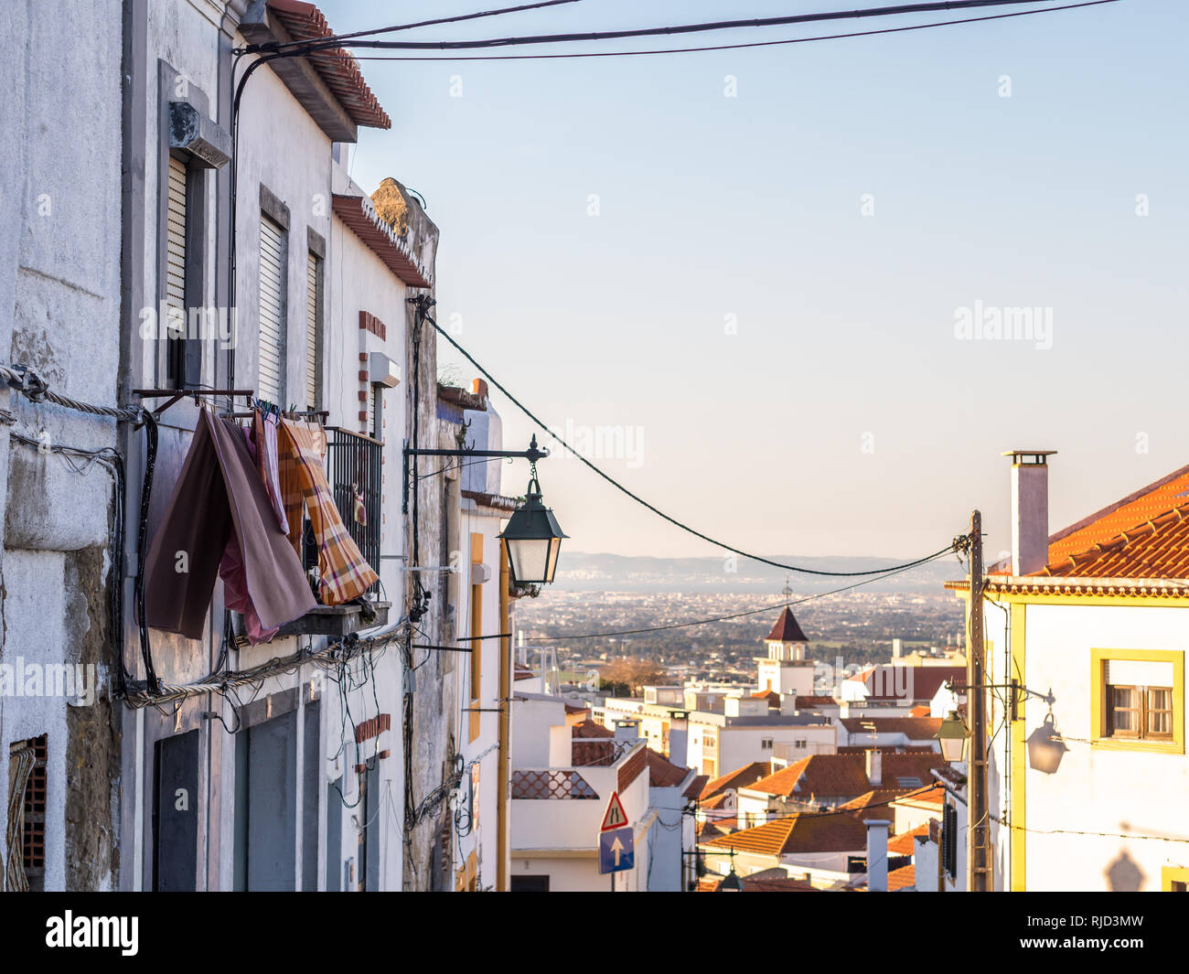 Street in the Old Town in Palmela, Setubal District, south of Lisbon in Portugal, at sunset. Stock Photo