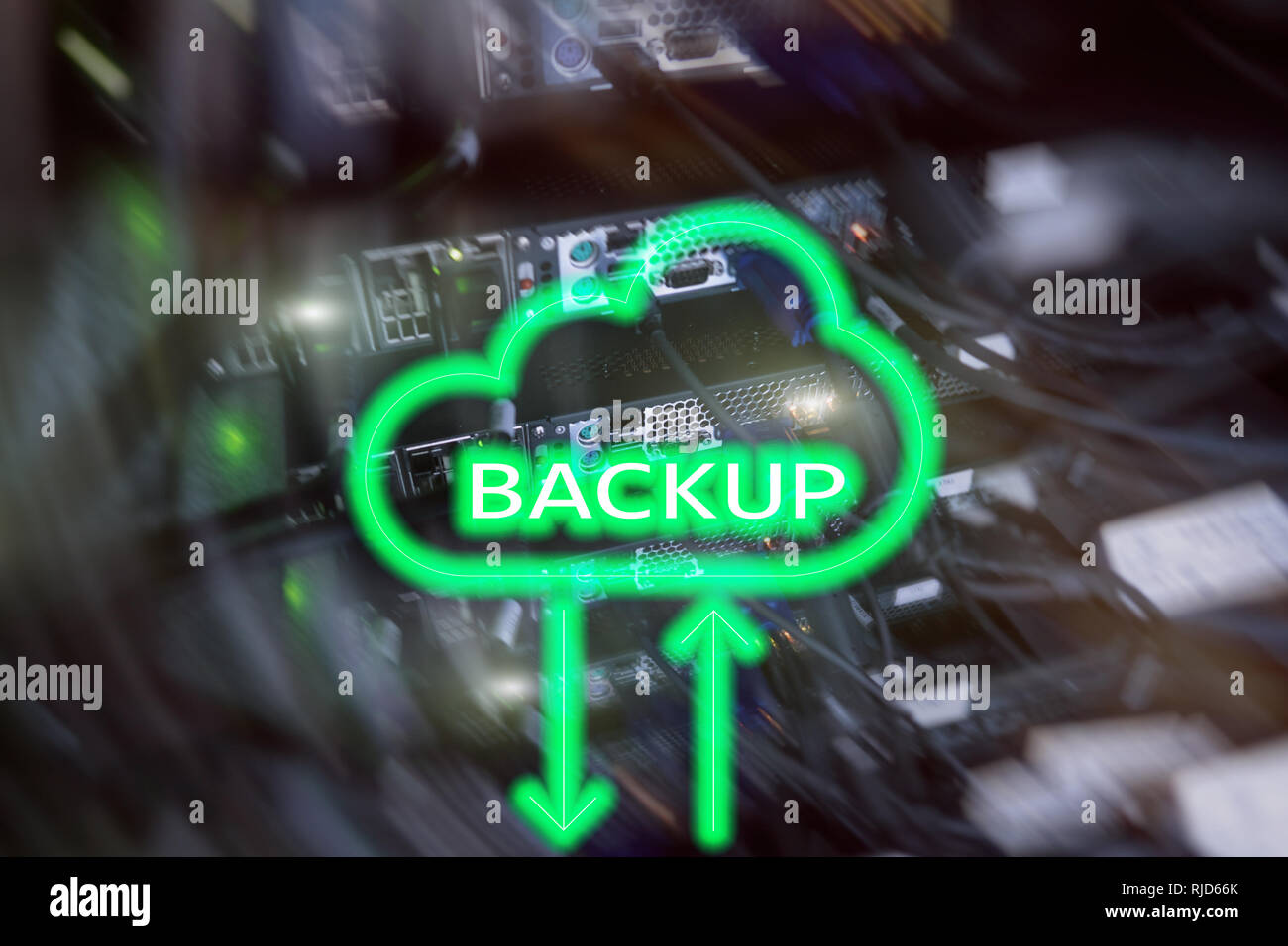 Backup button on modern server room background. Data loss prevention ...