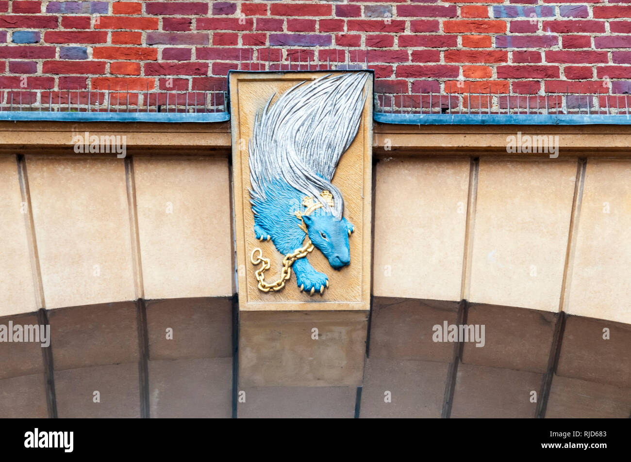 The blue & gold porcupine on the keystone of an arch at Sidney Sussex College in Cambridge is based on that on the Sidney family crest. Stock Photo