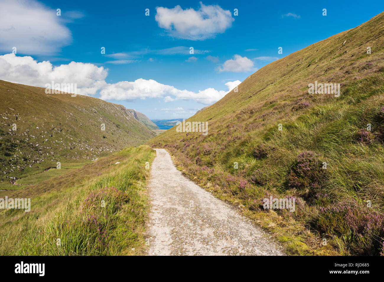 Walking path on a track through Glenveagh National Park, County Donegal, Ireland, on a beautiful August day Stock Photo