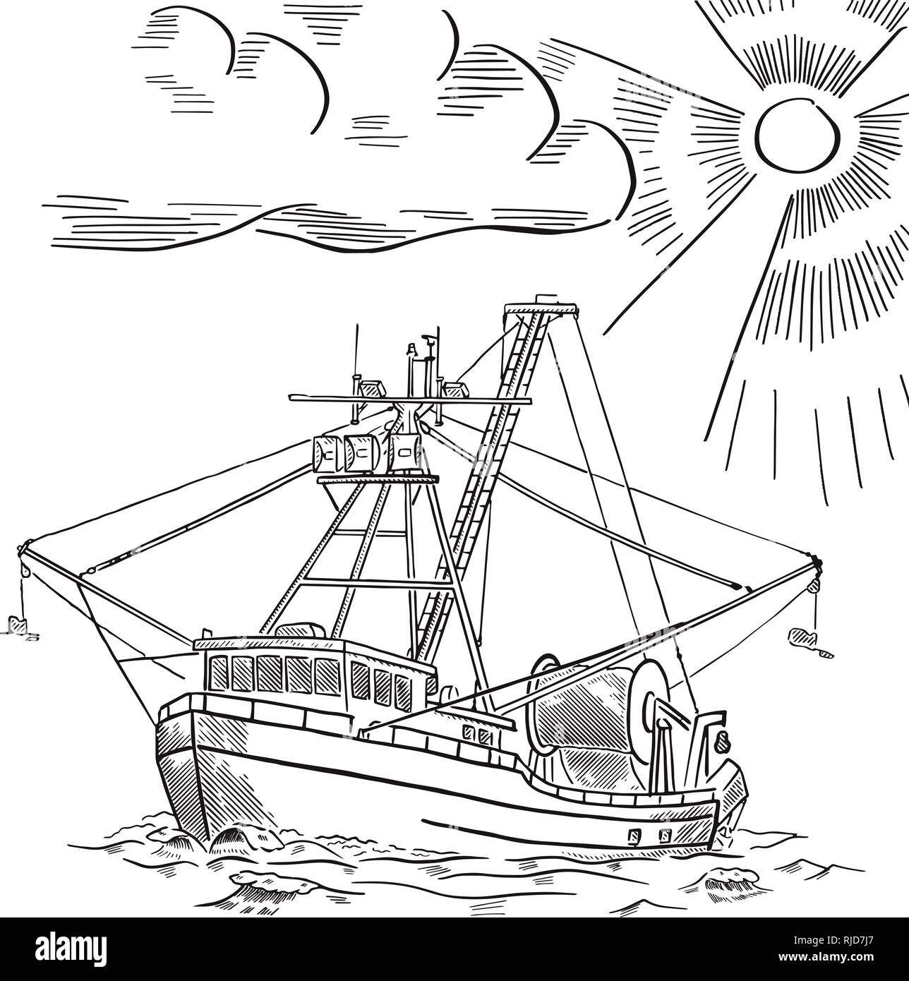 Fishing ship. Salmon fishing boat. Alaska. Hand drawn engraving. Vector illustration. Stock Vector