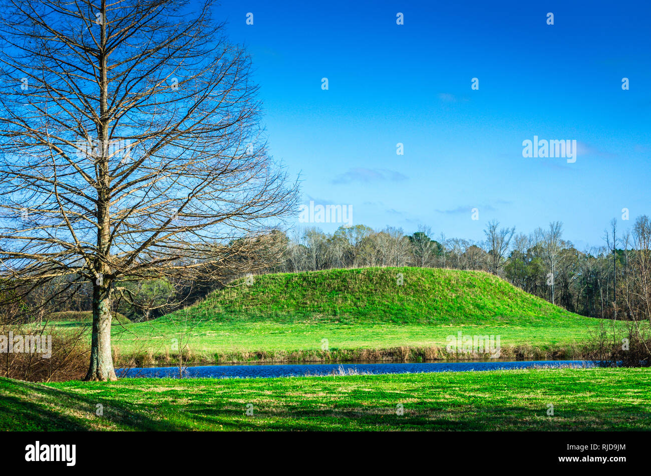 The sun sets on one of the 26 Indian mounds that was discovered at Moundville Archaeological Park in Moundville, Alabama. Stock Photo
