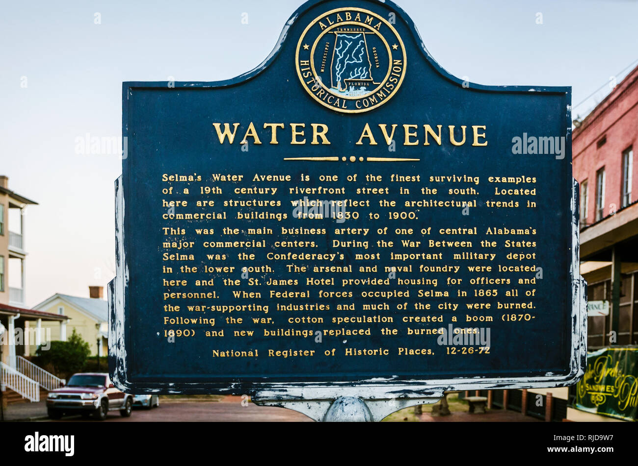 A historic marker from the Alabama Historical Commission is located on Water Avenue, Feb. 14, 2015, in Selma, Alabama. Stock Photo