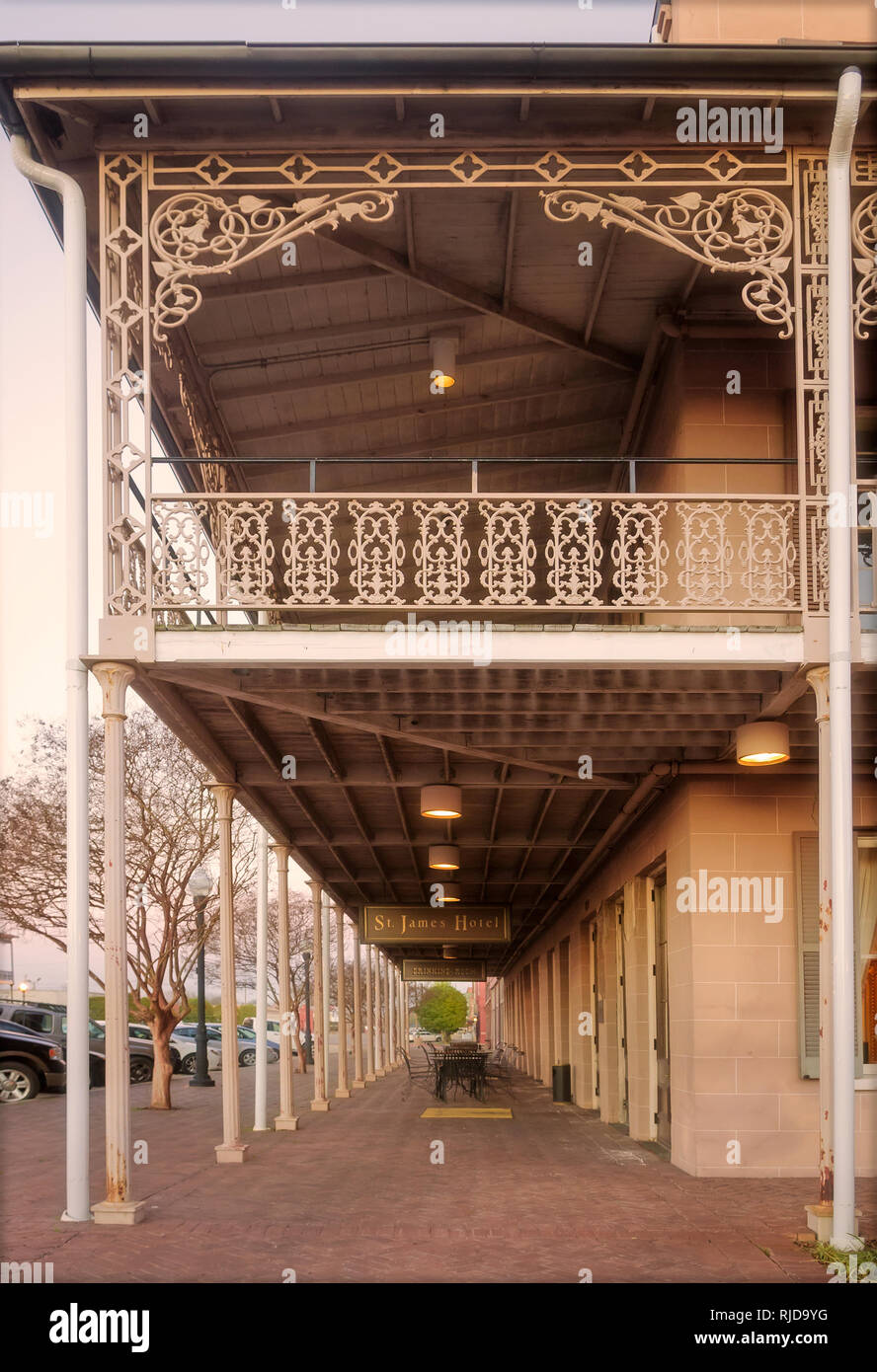 Intricate wrought iron adorns the balcony at the St. James Hotel, Feb. 14, 2015, in Selma, Alabama. The hotel was built in 1837. Stock Photo