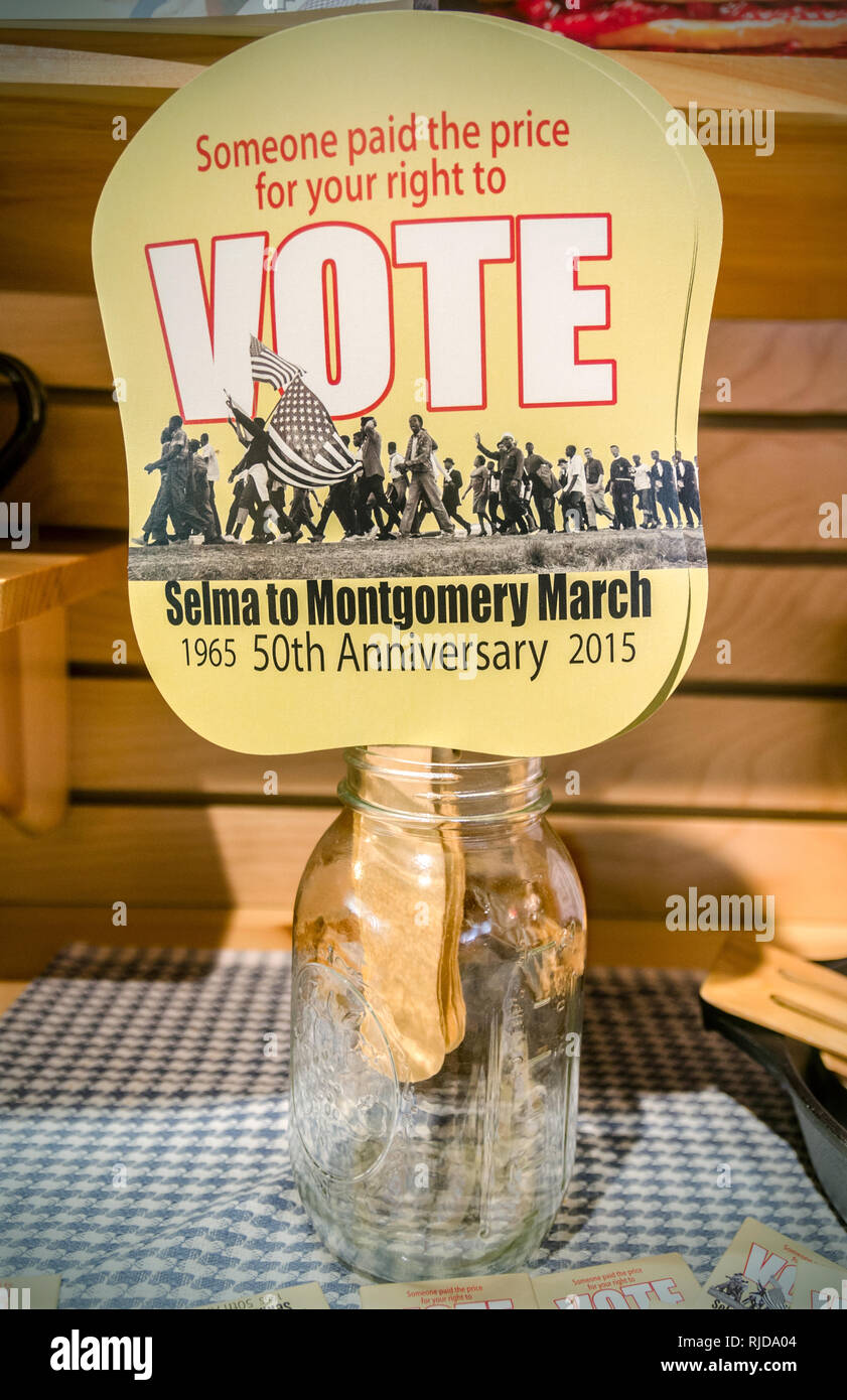 Paper fans commemorating the 50th anniversary of the Selma to Montgomery march are displayed at Lowndes Interpretive Center in Hayneville, Alabama. Stock Photo