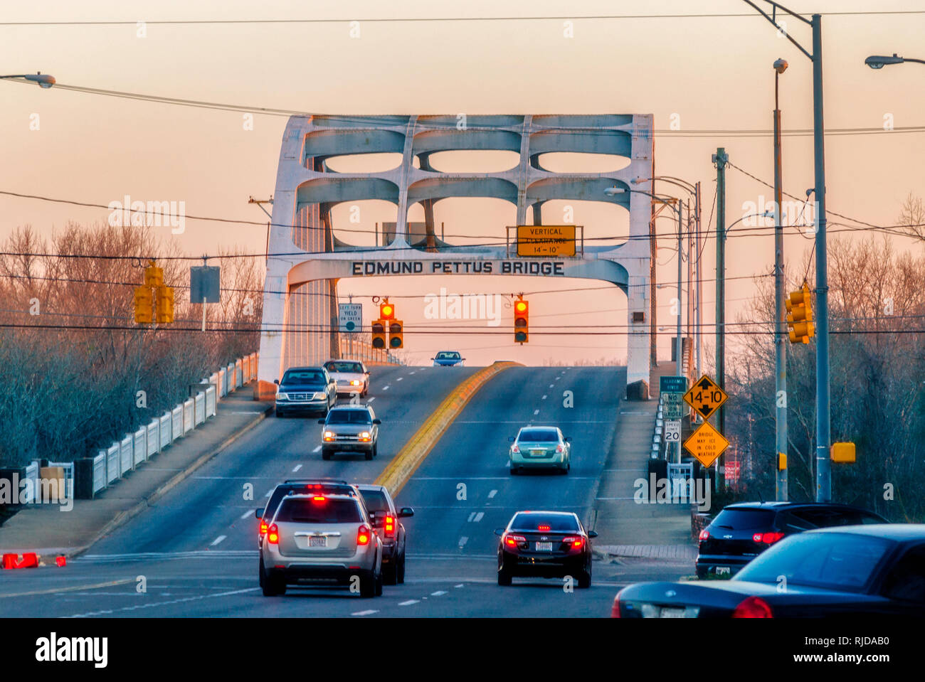 Cars travel across the Edmund Pettus Bridge, Feb. 14, 2015, in Selma, Alabama. ​The bridge played an important role in the Civil Rights Movement. Stock Photo