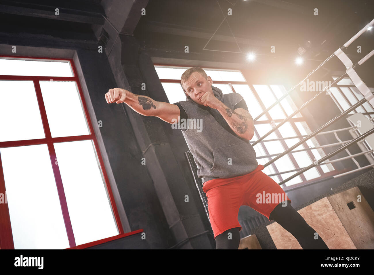 Confident athlete in sports clothing punching straight blow. Young