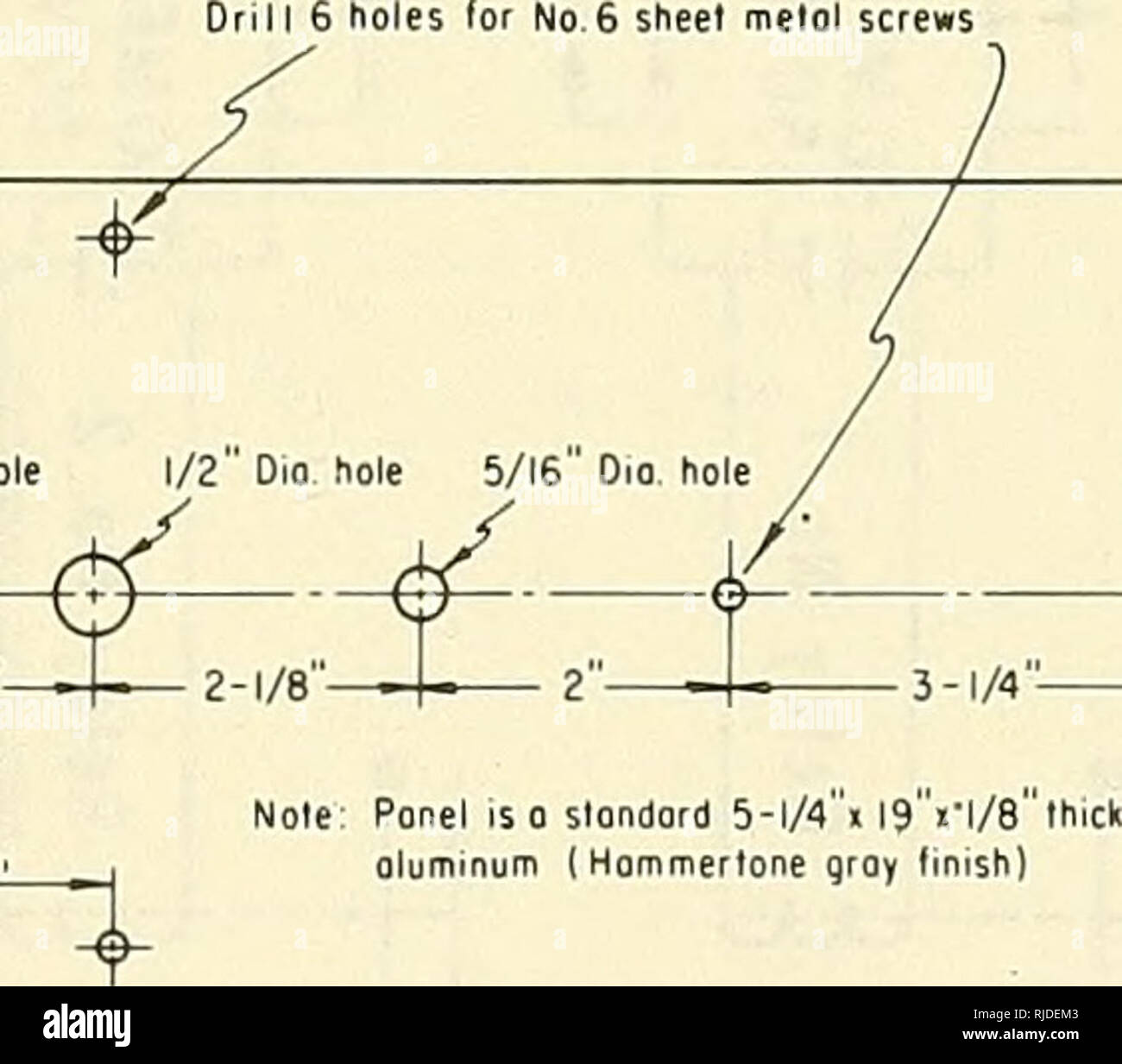 . CERC wave gages. Ocean waves; Gages. 3/8&quot; Dio hole 1/2&quot; Dio hole 3/8&quot; Dio hole 1/2&quot; Dio hole 5/16&quot; DIo, hole -^- 2-1/8&quot; 1 2-l/e&quot;^ 2-1/8&quot; -t 2-l/e' -2-1/4'^——f 2-1/4. ZT Figure 30. Front panel and chassis drilling for relay-type gage 51. Please note that these images are extracted from scanned page images that may have been digitally enhanced for readability - coloration and appearance of these illustrations may not perfectly resemble the original work.. Williams, Leo C; Coastal Engineering Research Center (U. S. ). [Washington] : Coastal Engineering Re Stock Photo