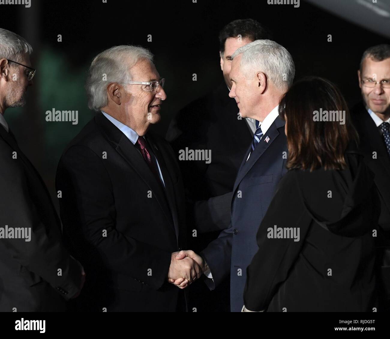 Vice President of the United States Mike Pence arrives at Israel’s Ben Gurion Airport, January 21, 2018, greeted by Head of Israeli Protocol, Ambassador Meron Reuben, Minister of Tourism Yariv Levin, Israeli Ambassador to the U.S., Ron Dermer, and U.S. Ambassador to Israel David Friedman. Stock Photo