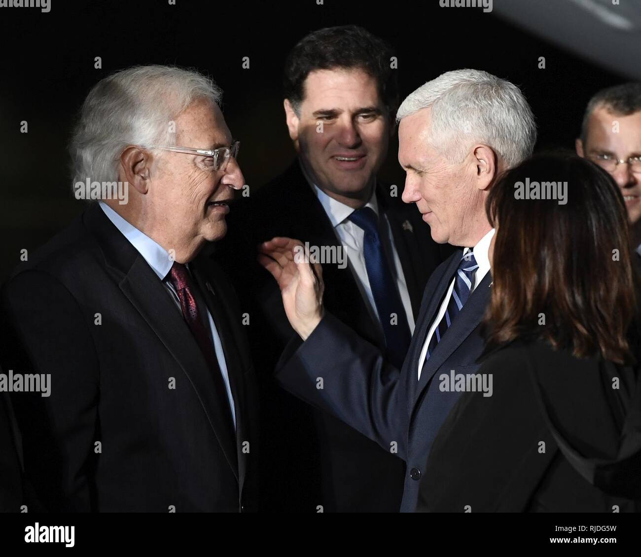 Vice President of the United States Mike Pence arrives at Israel’s Ben Gurion Airport, January 21, 2018, greeted by Head of Israeli Protocol, Ambassador Meron Reuben, Minister of Tourism Yariv Levin, Israeli Ambassador to the U.S., Ron Dermer, and U.S. Ambassador to Israel David Friedman. Stock Photo