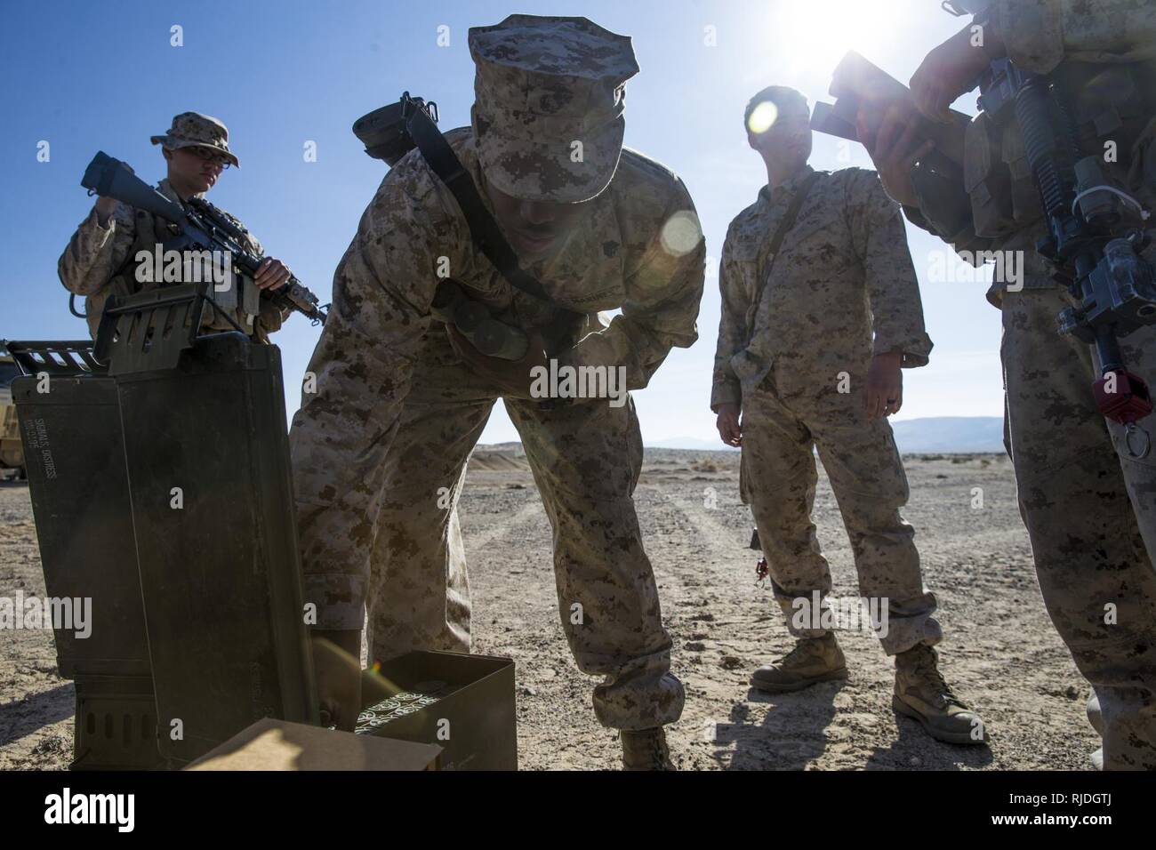 U.S. Marines assigned to Bravo Battery, 2nd Low Altitude Air Defense Battalion, at the National Training Center (NTC) in Fort Irwin, Calif., Jan. 12, 2018. NTC 18-03 is a simulated combat training exercise in which Marines with 2nd LAAD conducted Ground Based Air Defense in defense of Soldiers with 1st Squadron, 11th Armored Cavalry Regiment. Stock Photo