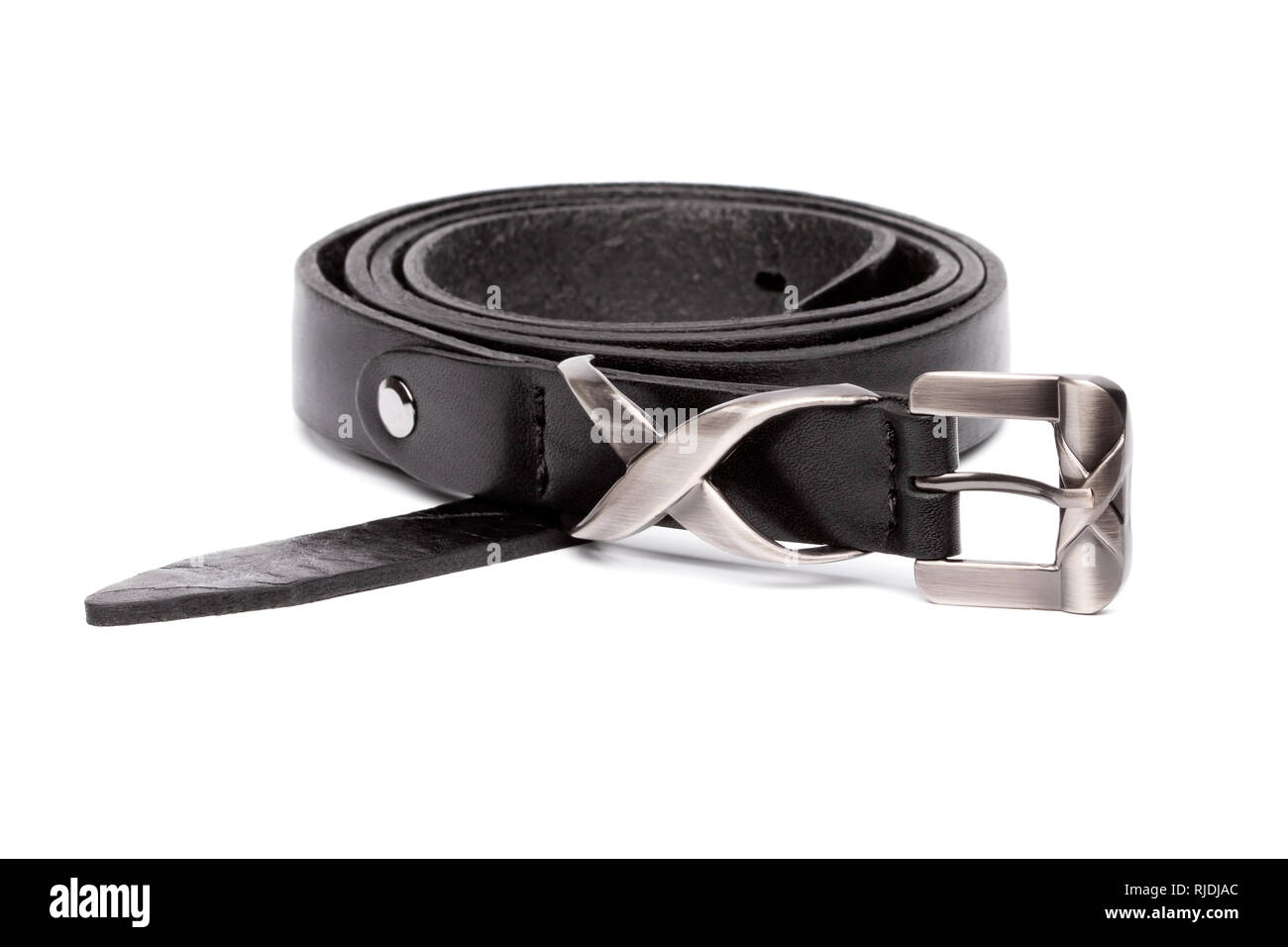 Thin black rolled belt with silver buckle isolated on white background