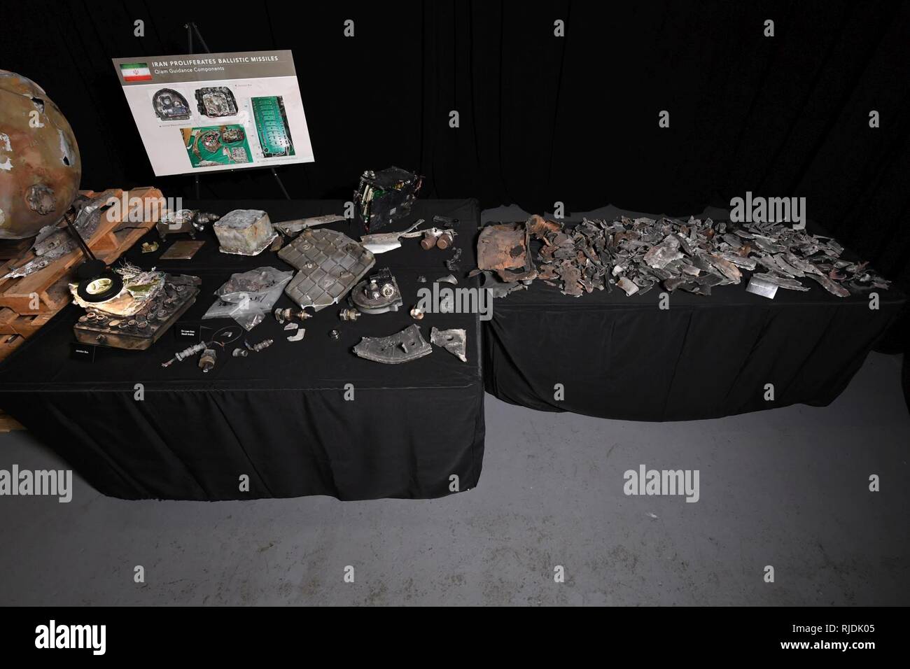 A display shows remnants of Iranian Qiam class missile guidance system at Joint Base Anacostia-Boling in Washington, D.C. Jan. 24, 2018. Missile remnants from two Qiam missiles fired into Saudi Arabia from Yemen’s Houthi rebels in 2017, are now part of a multi-national collection of evidence proving Iranian weapons proliferation in violation of United Nations resolutions 2216 and 2231. Stock Photo