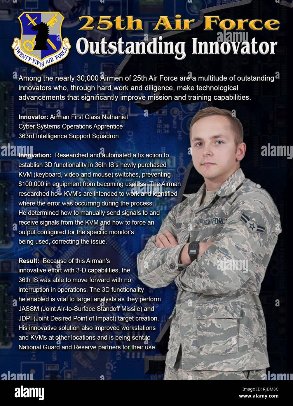 When Airmen at the 363rd Intelligence Support Squadron discovered an issue with the three dimensional functionality on computer workstations vital to target analysts, one of their own highly-skilled Airmen found a solution and prevented $100,000 in equipment from becoming useless. Airman 1st Class Nathaniel, a cyber systems operations apprentice, researched and automated a fix action to establish 3D functionality in 36th IS’s newly purchased KVM (Keyboard, Video and Mouse) switches. Stock Photo