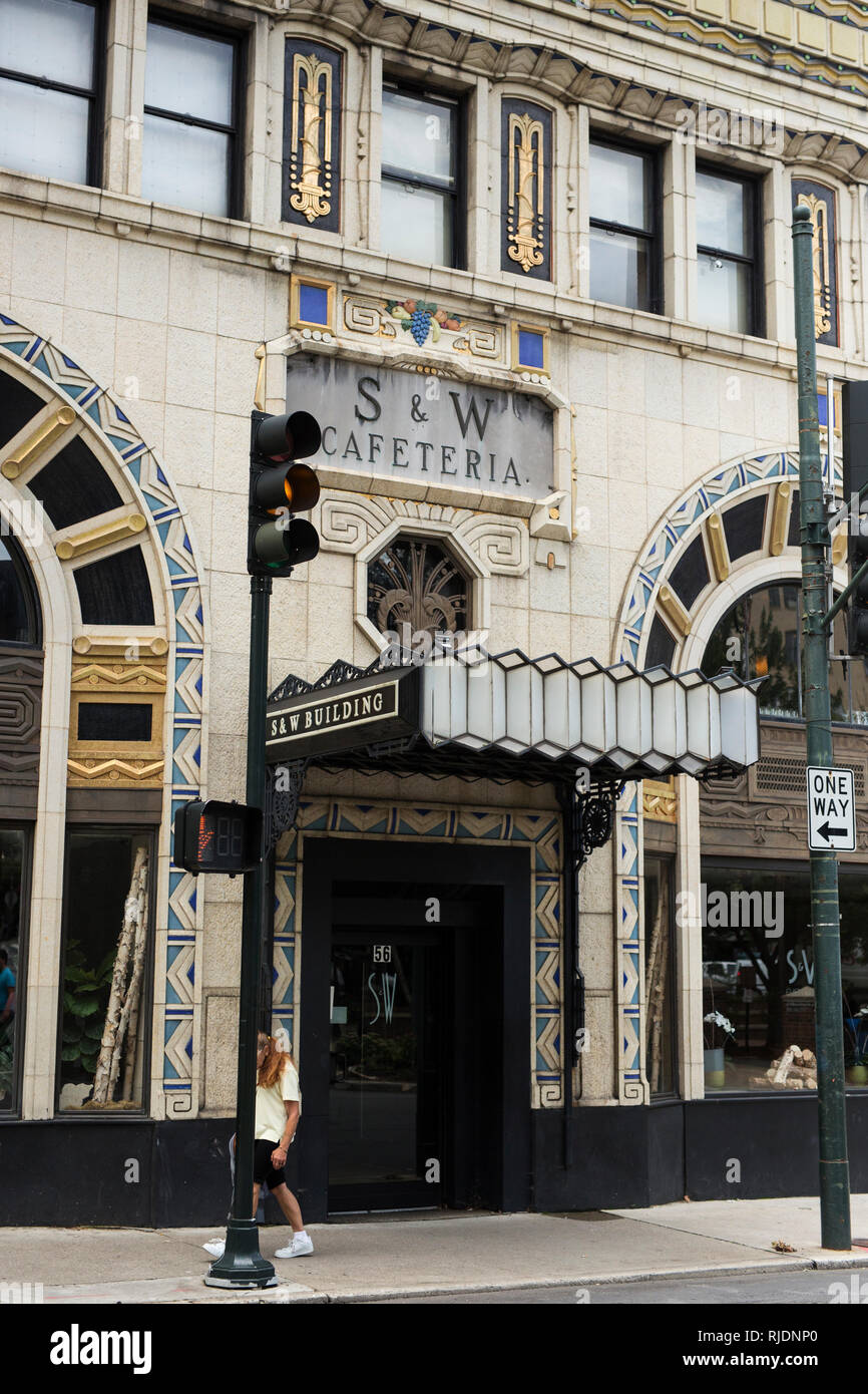 The historic S&W Cafeteria building in downtown Asheville, North Carolina, USA. The art deco