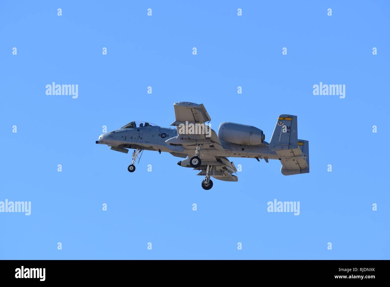 U.S. Air Force Capt. Cody Wilton, A-10C Thunderbolt II Demonstration Team commander, performs a gear down pass during a practice demonstration flight at Davis-Monthan Air Force Base, Ariz., Jan. 17, 2018. The A-10 Demo Team will perform at 20 air shows for the first time in seven years for the 2018 season, showcasing the capabilities of the A-10. Stock Photo