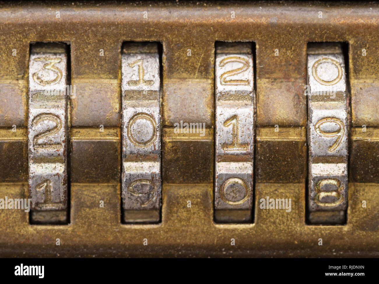 closeup of 2019 on old brass combination lock dials Stock Photo Alamy